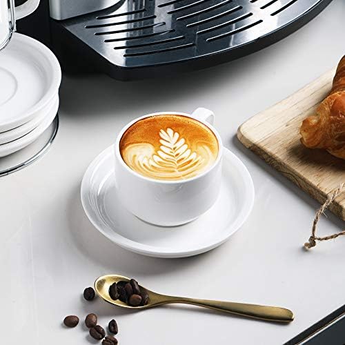 Sweejar Porcelain Espresso Cups with Saucers, 4 Ounce Stackable Cappuccino Cups with Metal Stand for Coffee Drinks, Latte, Tea - Set of 4 (White) - Image 4