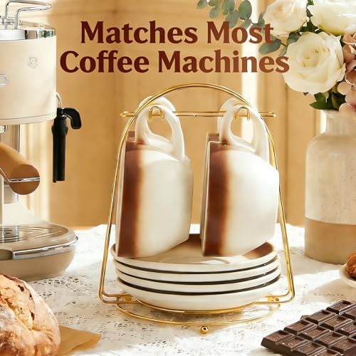 DUJUST Cappuccino Cups Set of 4 (8oz), Ceramic Cappuccino Mugs with Saucers, Spoons & Metal Stand, Latte Cup Set for Latte, Espresso & Americano, Gift Package - Image 3