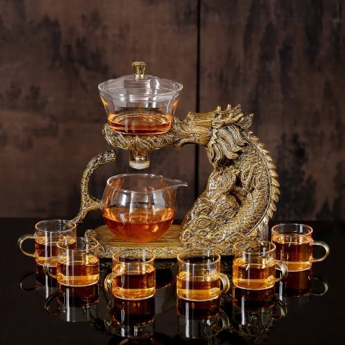 Glass Kungfu Teapot Set Tea maker with Infuser Semi Automatic Tea Set with 6 Small Cups (Brown dragon-style a) by zurucily