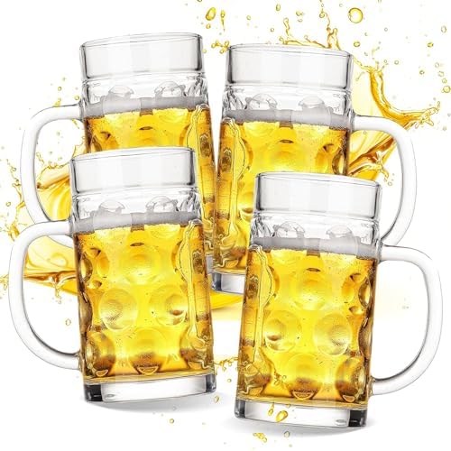 20oz Large Heavy e Glass Beer Mugs for Freezer Set of 4 with Handle, Large Glass Beer Stein, Beer Cup Mug for Water, Drinks, Lead-Free Glasses for Men in Pub, Home by ZHENGYAOYANG
