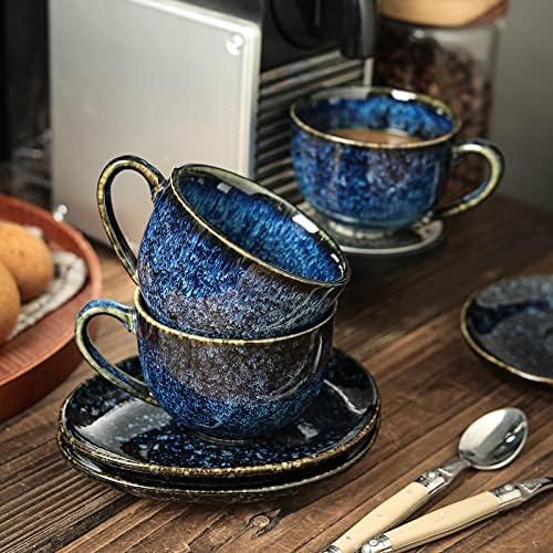 vicrays 6.5 oz Cappuccino Cups with Saucers, Set of 4, Ceramic Coffee Cup for Au Lait, Double shot, Latte, Cafe Mocha, Tea (Starry Blue) - Image 5