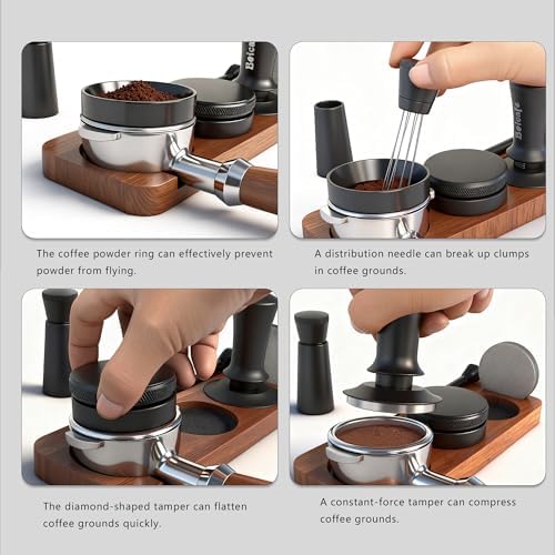 8 PCS Espresso Accessories Kit, 51mm Spring Loaded Espresso Tamper Kit with Wood Espresso Tamping Station, WDT, Stainless Steel Distributor, Dosing Funnel, 2 Puck Screen, Brush (51mm) - Image 4