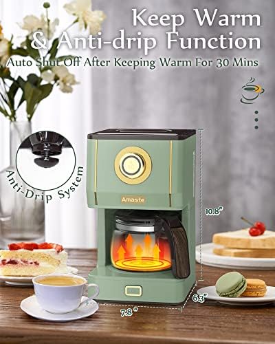 Amaste Drip Coffee Maker, Coffee Machine with 25 Oz Glass Coffee Pot, Retro Style Coffee Maker with Reusable Filter & Three Brewing Modes, Warming Plate, Matcha Green - Image 6