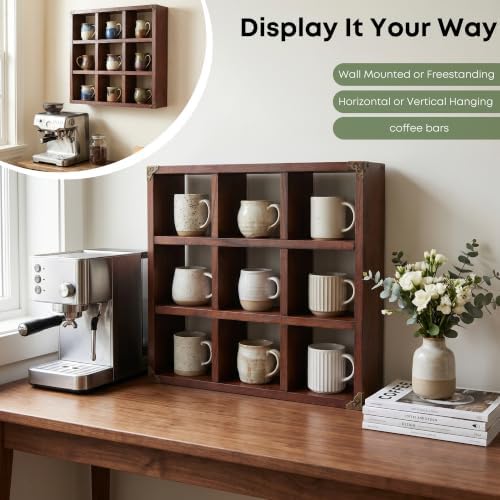 9 Slot Coffee Mug Display Rack - 17in Wall Mounted(Rustic Walnut) - Image 4