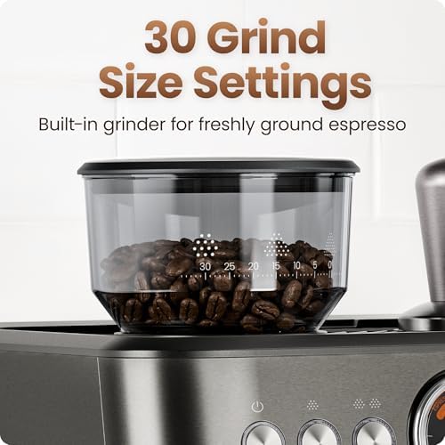 Chefman Crema Deluxe Espresso Machine with Double Boiler, Use Milk Frother and Brew Espresso Simultaneously, Professional Coffee Maker with Coffee Grinder and Steam Wand, 30 Grind Settings - Image 4