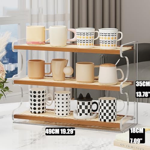 3-Tier Mug Holder Countertop,Wooden Rattan-Look Coffee Station Shelf, Cup Holder Mug Display Rack for Home Kitchen,Brown,19.29" - Image 3