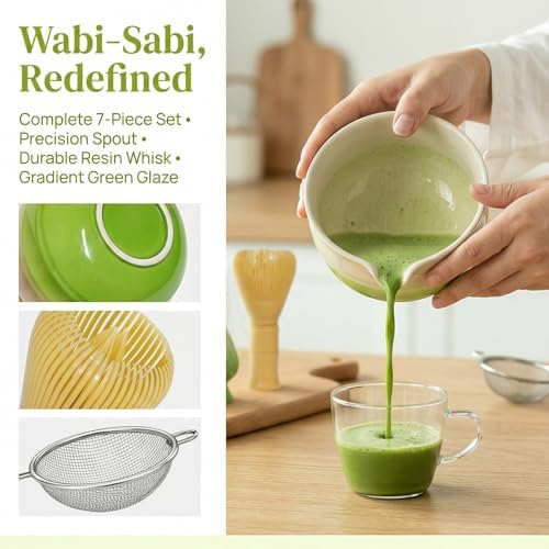 7Pcs Matcha Set, Matcha Whisk Set - Whisk Plastic Whisk, Whisk Holder, Matcha Bowl with Pouring Spout, Scoop, Sifter, Absorbent Cloth - Japanese Tea Ceremony Set for Home Use or Gift, Gradient Green - Image 3