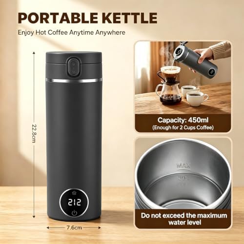 Travel Kettle,Portable Electric Kettle,Small Hot Water Boiler with 6 Temperature Settings,Mini Tea Coffee Kettle with 304 Stainless Steel and Fast Boiling Water and Boil Dry Protection,450ml (Grey) - Image 5