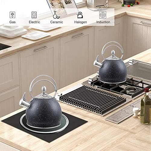 Creative Home 2.5 Quart Stainless Steel Whistling Tea Kettle Teapot with Aluminum Capsulated Bottom for Fast Boiling Heat Water for Induction Stove Top, Opaque Black with Speckle - Image 2