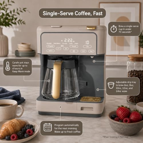 Multi-Brew Coffee Maker – 12-Cup Carafe & Single-Serve Pod or Grounds, Iced Coffee Mode, Programmable Touch Display, Includes Filters (PORCINI TAUPE) - Image 5