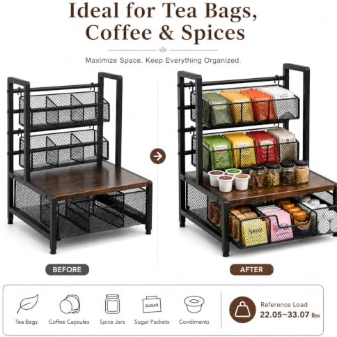 Tea Bag Organizer Countertop Storage 3 Tier Wire Basket Drawer - Brown - Image 4