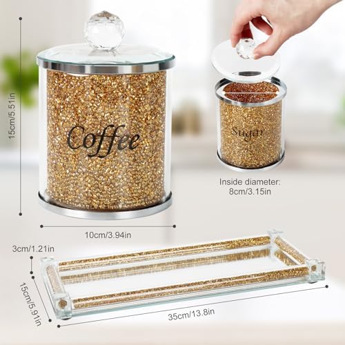 Topsky Coffee Sugar Tea Crystal Canister Set of 4,Sparkly Crystal Crushed Diamonds Home Decor,Silver Kitchen Coffee Jar Storage Set with Label & Lid,Storage Container Set for Countertop,Dining Room - Image 4