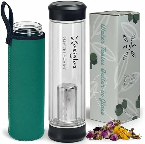 Tea Tumbler with Infuser - Double Wall Glass Travel Mug with Stainless Steel Filter - Tea Infuser Bottle for Loose Leaf Infusions and Fruit Infused Water (Classic) by Xaeiglas