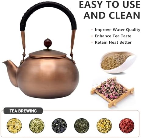 40.6oz Copper Tea Kettle for Stovetop Safe, Chinese Style Non-Coating Pure Copper Teapot with Tea Ball for Loose Tea, Handmade Solid Tea Pot with Non Slip Handle(1200ml) - Image 4
