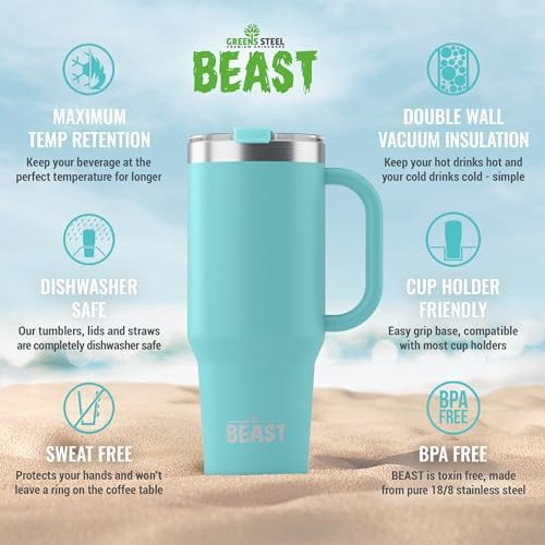 Beast 50 oz Tumbler with Handle Stainless Steel Vacuum Insulated Coffee Ice Cup Double Wall Travel Flask (Aquamarine Blue) - Image 6