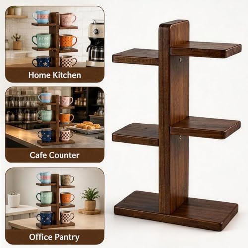 Wooden 3-Tier Countertop Coffee Mug Holder, Coffee Mug Display for Kitchen, Home & Café, Suitable for Storing Cups, Tea Cups & Small Items - Image 3