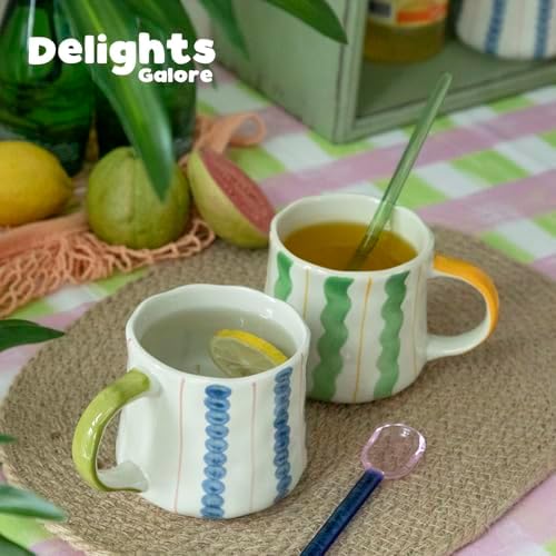 Striped Ceramic Coffee Mug Set of 2 (16oz) - Handmade Look Tea Cups with Yellow/Green Handles, Microwave Safe, Durable Daily Drinkware - Image 3