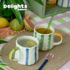 Striped Ceramic Coffee Mug Set of 2 (16oz) - Handmade Look Tea Cups with Yellow/Green Handles, Microwave Safe, Durable Daily Drinkware - Image 3