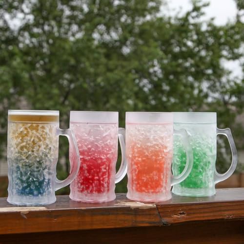 Lily's Home Insulated Double Wall Gel-Filled Acrylic Frosted Freezer Beer Glasses, Great for Enjoying Brews at BBQs and Parties, Clear with Assorted Color Bases (14 oz. Each, Set of 4) - Mug Shape - Image 4