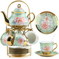 20 Pcs Porcelain Tea Set with Metal Holder and Spoon, European Ceramic Tea Set for Adults, European Flower Painting Teapot Cup Saucer Spoon Set for 6, Gift Pack by YourLifeCollector