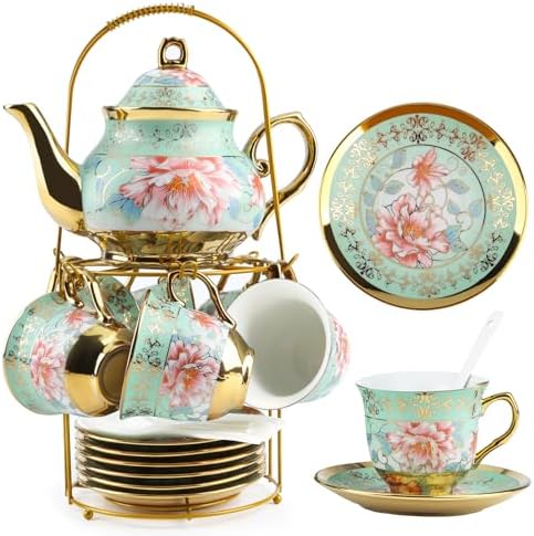 20 Pcs Porcelain Tea Set with Metal Holder and Spoon, European Ceramic Tea Set for Adults, European Flower Painting Teapot Cup Saucer Spoon Set for 6, Gift Pack by YourLifeCollector