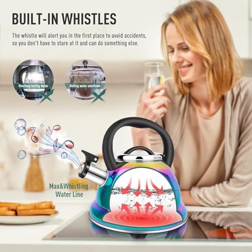 Tea Kettle, Kettle 3.7QT, Tea Pot Whistling 316 Stainless Steel, Tea Kettle Stovetop with Cool Folding Handle, Kettle Teapot Rainbow Induction for Boiling Water, Mirror Finish - Image 2