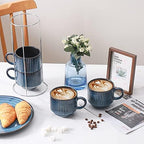 HASENSE 15 Oz Ribbed Stackable Coffee Mug Set of 4, Ceramic Latte Cups with Metal Stand, Dishwasher & Microwave Safe, Navy Blue for Cappuccino Tea Hot Cocoa - Image 5