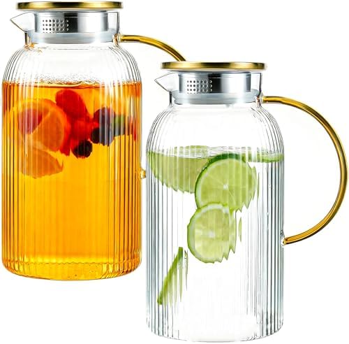 2 Pack Glass Pitcher with Lid, 68oz/2L Heat Resistant Borosilicate Pitcher by Unknown