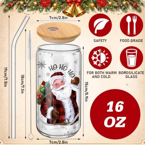 Teenyyou 12 Sets of Christmas Glasses Cups with Bamboo Lid and Glass Straw 16 oz Red and Black Plaid Christmas Glass Jar Drinking Cups Wreath Santa Coffee Cup for Women Men Xmas Holiday Party Gifts - Image 3