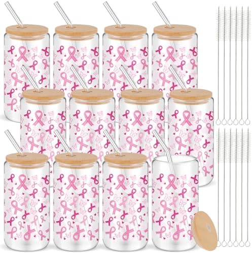 12 Sets Pink Ribbon Glass Cups with Bamboo Lids Straws 16oz by Yetene