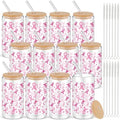 12 Sets Pink Ribbon Glass Cups with Bamboo Lids Straws 16oz by Yetene
