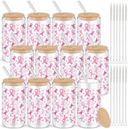 12 Sets Pink Ribbon Glass Cups with Bamboo Lids Straws 16oz by Yetene