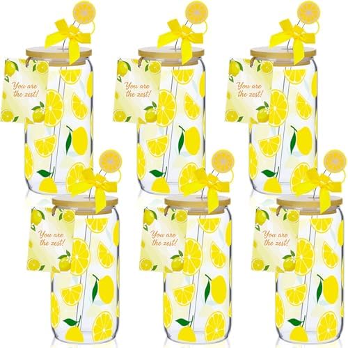 Vesici 6 Set Lemon Glass Cups 16 oz Summer Drinking Tumbler with Lid Straw and Stopper Can Shaped Beer Iced Coffee Cup Appreciation Gifts with Cards and Bow for Summer Party Favor Decorations by Vesici
