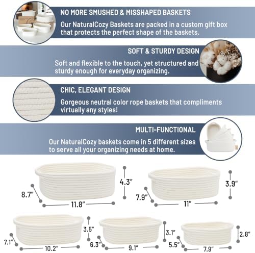 NaturalCozy 5-Piece Rectangle Storage Basket Set- Natural Cotton Rope Woven for Organizing! Small Basket for Montessori, Baby Nursery, Dog Toy Baskets, Cat Toy Box, Bathroom Organization Bin - Image 2