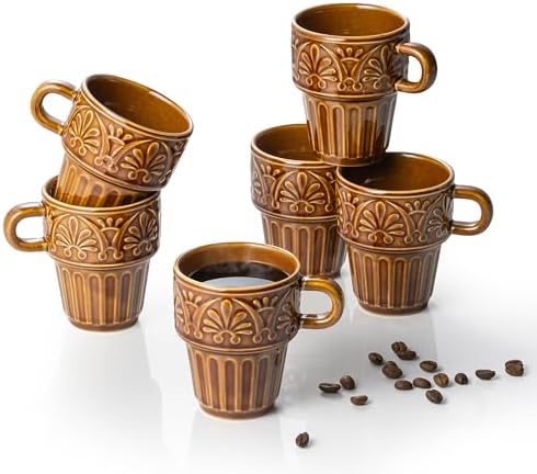 Espresso Cups Set of 6, Cappuccino Cups, Stackable Mug 6 OZ Ceramic Coffee Mug, Microwave & Dishwasher Safe, Tea Cocoa for Family Daily Use & Gathering, Great Gift for Any Special Occasion, Brown by LYEOBOH