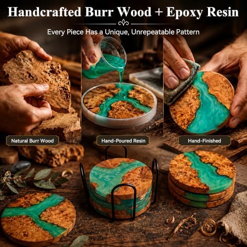 Resin Wood Coaster Set of 8 - Handmade Epoxy Coasters with Holder, Mountain Sea Design for Coffee Table Protection & Home Decor - Image 4