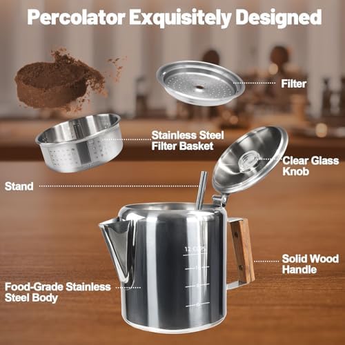 12 Cup Percolator 304 Stainless Steel Coffee Pot Coffee Maker Coffee Machine with Solid Wood Handle Transparent Knob Stovetop Greca Mocha for Induction Home and Camping 2200ml 74.4oz - Image 3
