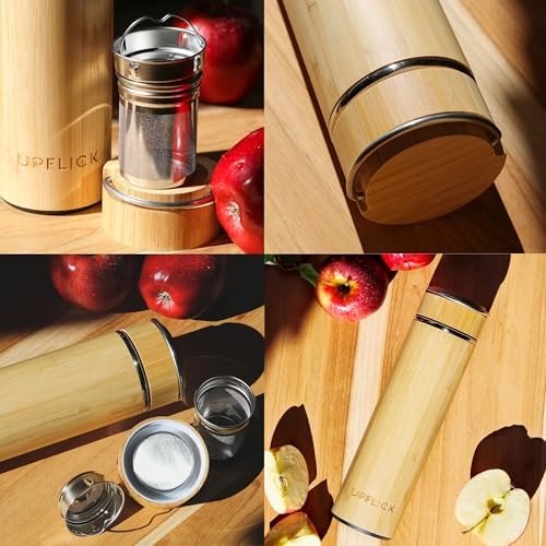 Bamboo Water Bottle Insulated Tea Tumbler for Men Birthday Gift, Women Travel Tea Set with Diffuser for Loose Tea Leaves, Stainless Steel Leak Proof Gift for Mom (15 oz) - Image 4