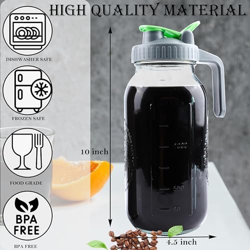 Cold Brew Coffee Maker 64 Oz Mason Jar Iced Tea Pitcher With Strainer 2 Set Half Gallon Glass Pitcher With Spout Lid 2 Quar Water Jug For Fridge Beverage, Sun Tea, Hot Cold Brew, Lemonade, Juice - Image 3