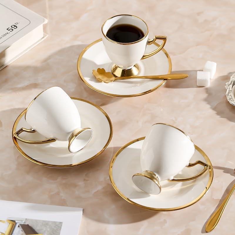 Ceramic coffee cups and saucers, 6 cups 6 saucers 6 spoons, 18 pieces 3 ounce gold rim cup sets, teacup tea set sets, suitable for cappuccino, latte, mocha (Modern) - Image 5