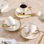 Ceramic coffee cups and saucers, 6 cups 6 saucers 6 spoons, 18 pieces 3 ounce gold rim cup sets, teacup tea set sets, suitable for cappuccino, latte, mocha (Modern) - Image 5