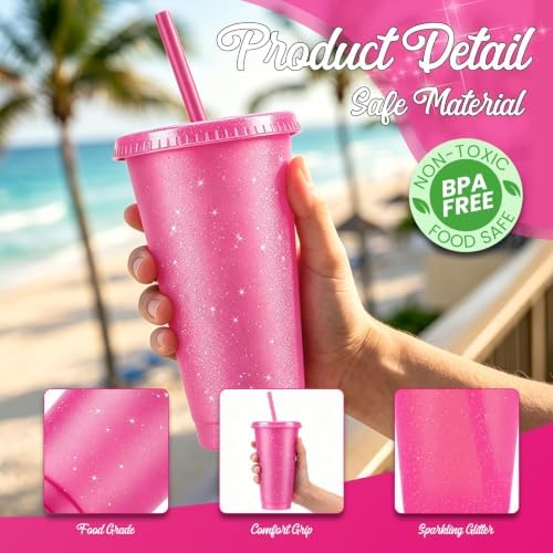 36 Pcs Hotpink Tumblers with Straw & Lid - 24oz Coffee Cups - Image 3