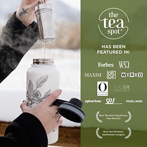 The Tea Spot Himalayan Tea Tumbler - Travel Bottle with Tea Infuser for Loose Leaf Tea or Iced Coffee - 32oz, White-Etched - Double-Walled Insulated Bottle - Keeps Drinks Hot & Cold for Hours - Image 5