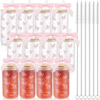 12 Sets 16oz Bow Glass Cups with Bamboo Lids Straws Tumbler,Pink by Yetene