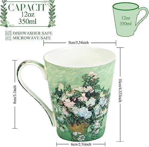 Coffee Mug Sets of 4, 12oz Bone China Porcelain Cups with Art Print Large Handle Dishwasher Microwave safe for Tea Cocoa or Hot Chocolate - Image 3