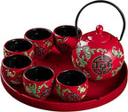 Traditional Chinese Ceramic Tea Set, Tea Set for Wedding Ceremony Party, Chinese Red Porcelain Tea Pot With Tea Cups and Tea Tray for Adults (Style A) by Unknown
