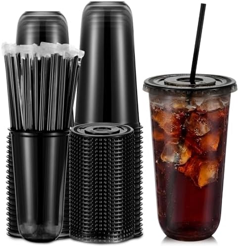Ziliny 50 Sets 20oz Black Plastic Cups with Lids and Straws Disposable Cups by Ziliny