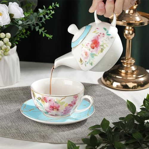 fanquare Pink Floral Teapot, Tea Cup and Saucer Set with Gold Trim, Porcelain Tea for One Tea Set for Gift, Blue - Image 3