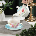 fanquare Pink Floral Teapot, Tea Cup and Saucer Set with Gold Trim, Porcelain Tea for One Tea Set for Gift, Blue - Image 3
