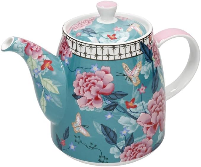London Pottery Classic Ceramic Bell -shaped Teapot, 1 Litre (33.8 Fl oz), Teal Floral, Vintage Flowers and Butterfly Patterns, Stainless Steel Tea Infuser, English Style Tea Pot for Afternoon Tea - Image 7